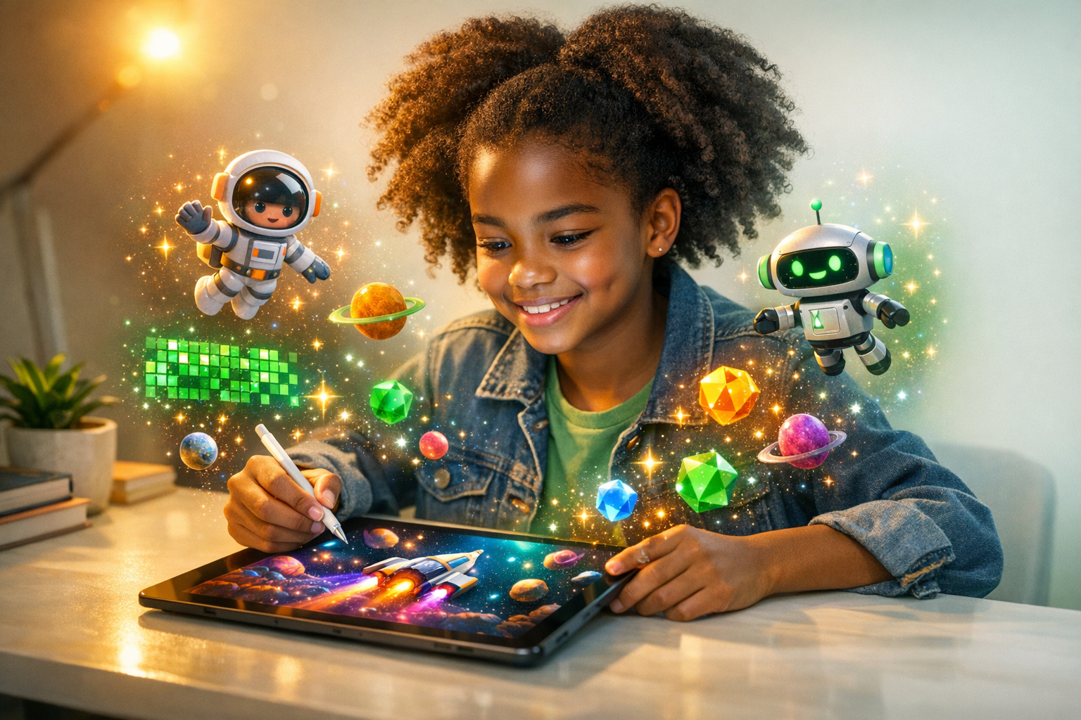 A child creating a video game with AI — game characters, power-ups, and a green activity grid float from the screen