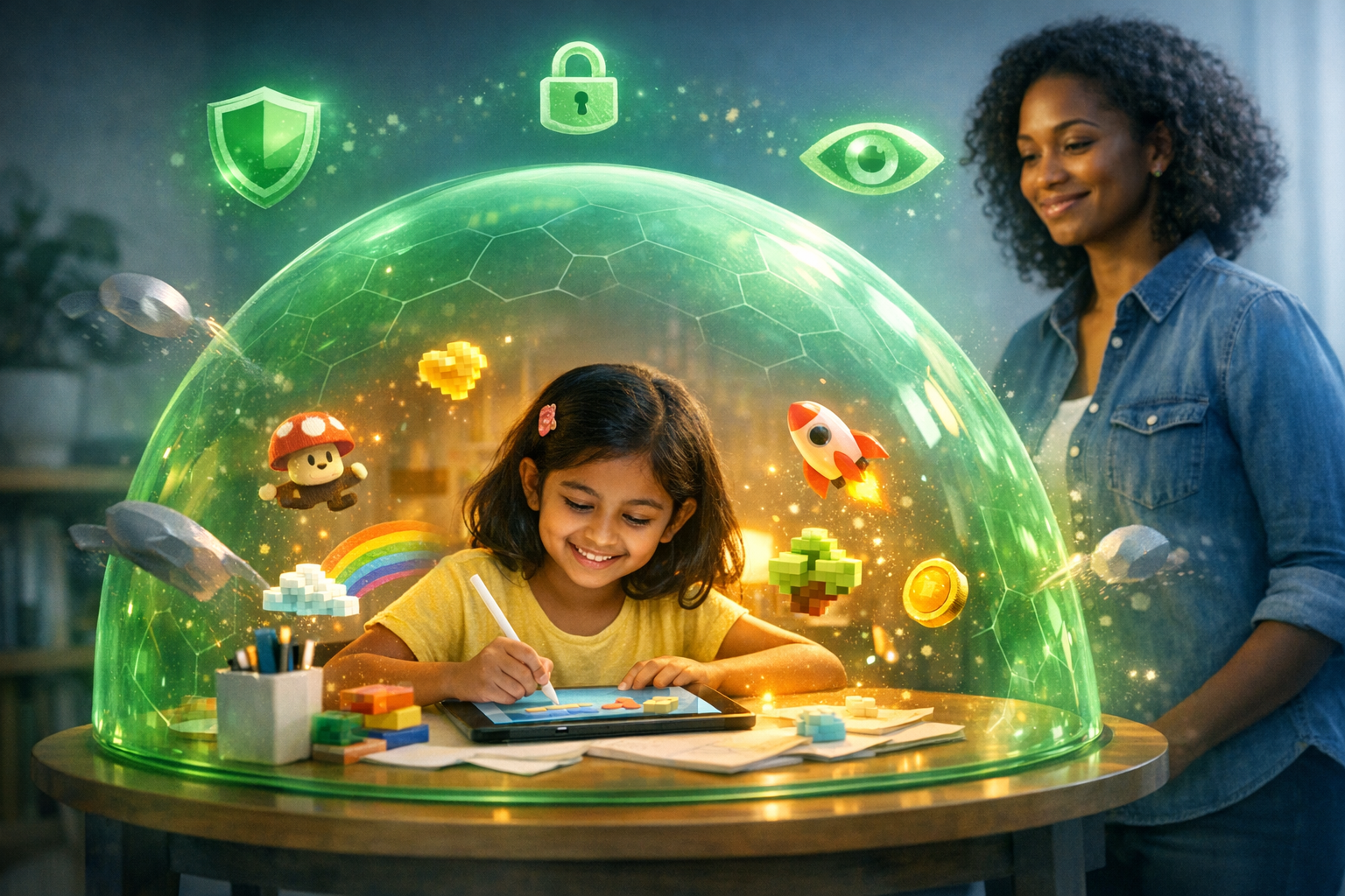 A child creating safely inside a protective environment while a parent watches with confidence